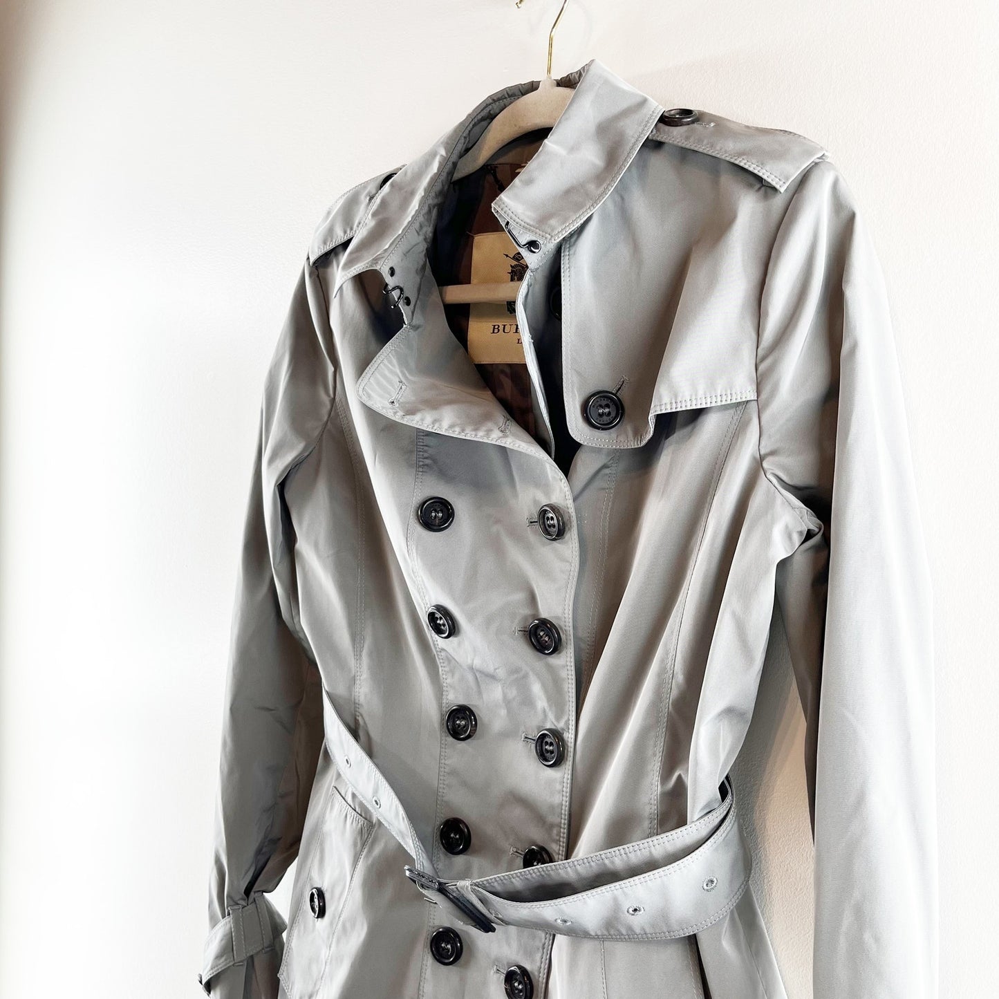 Burberry London Long Sleeve Double Breasted Belted Trench Coat Light Gray 6