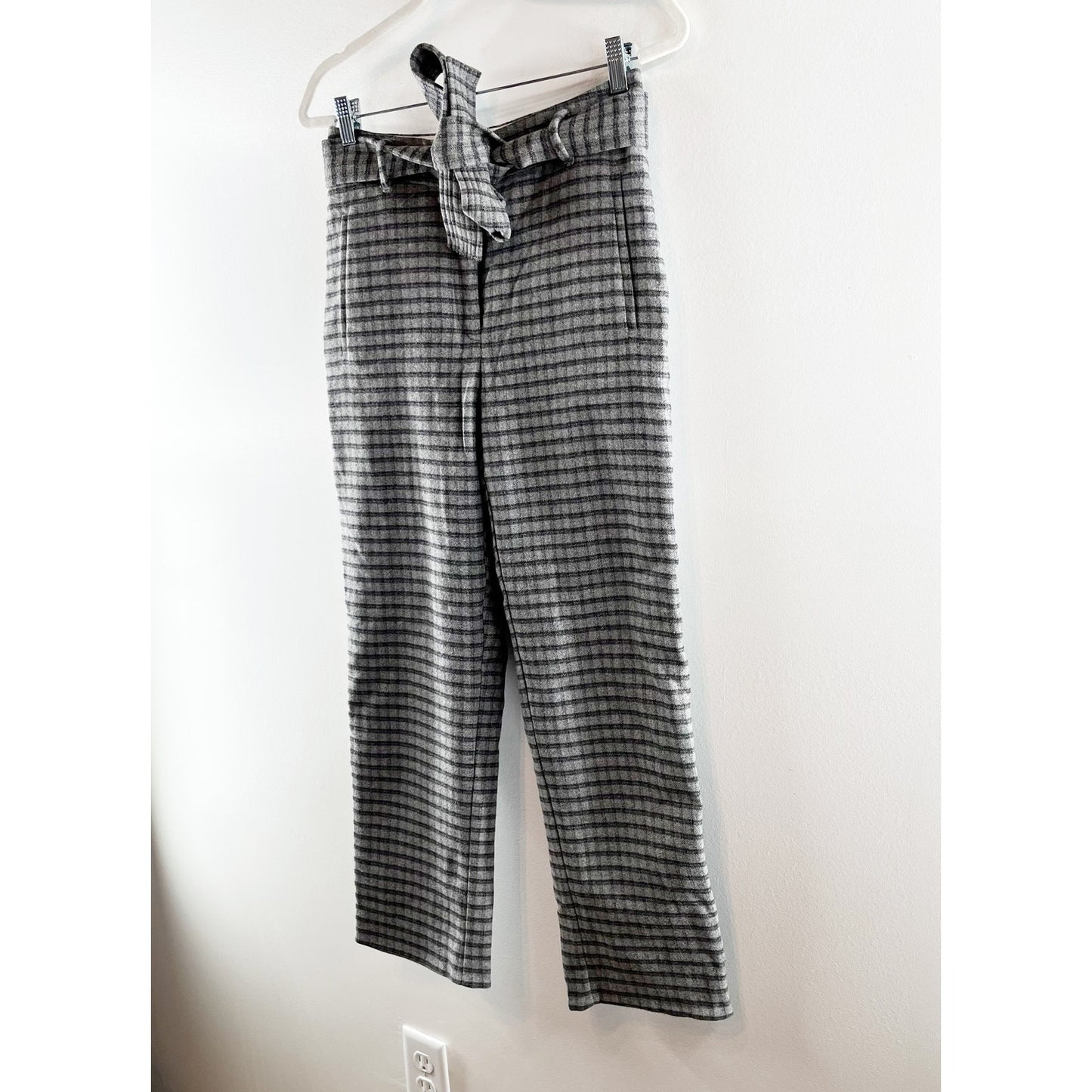 Aritzia Wilfred Wool High Rise Belted Tie Waist Plaid Check Pants Gray 6