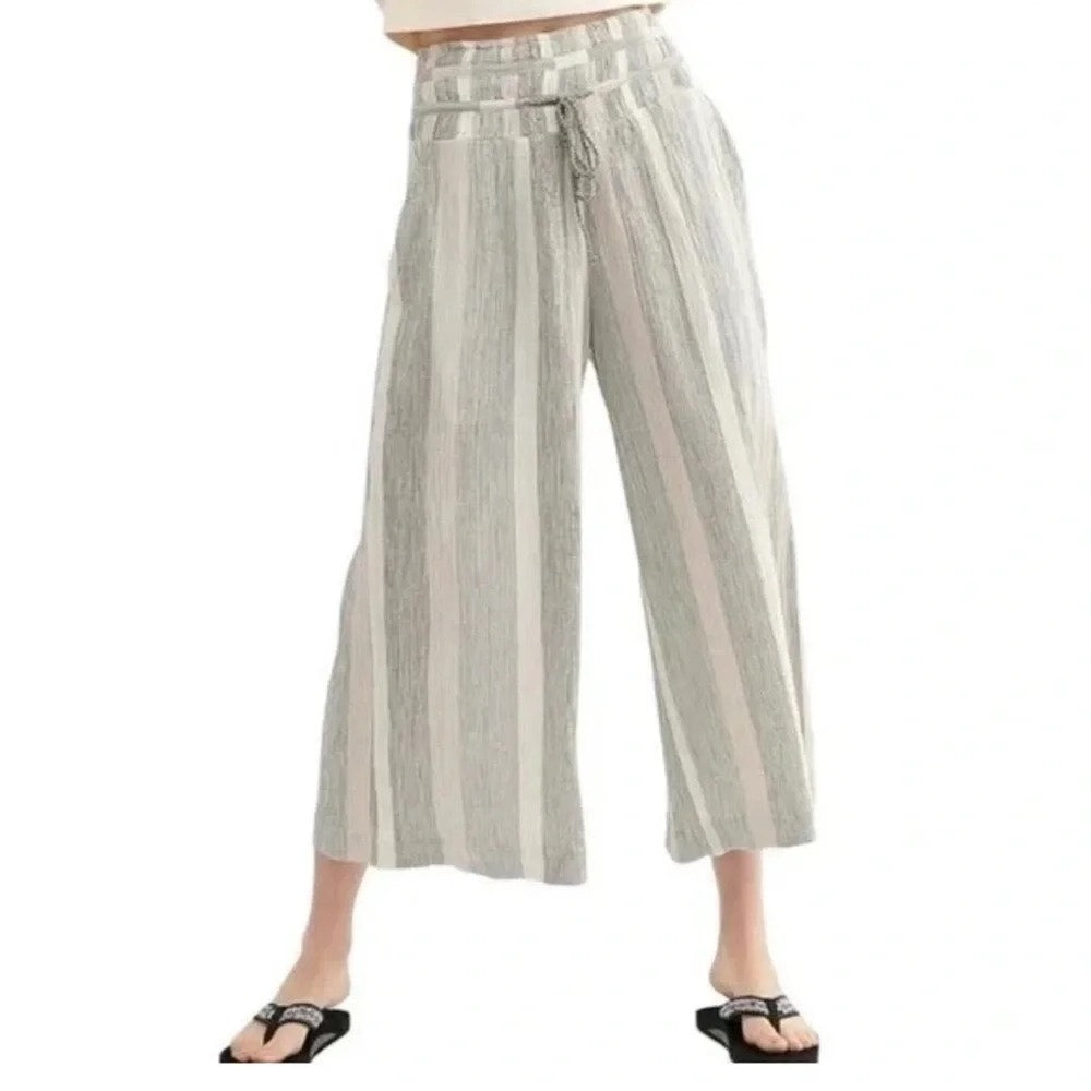 Free People Hamilton Cotton Striped Smocked High Waisted Wide Leg Pants Small