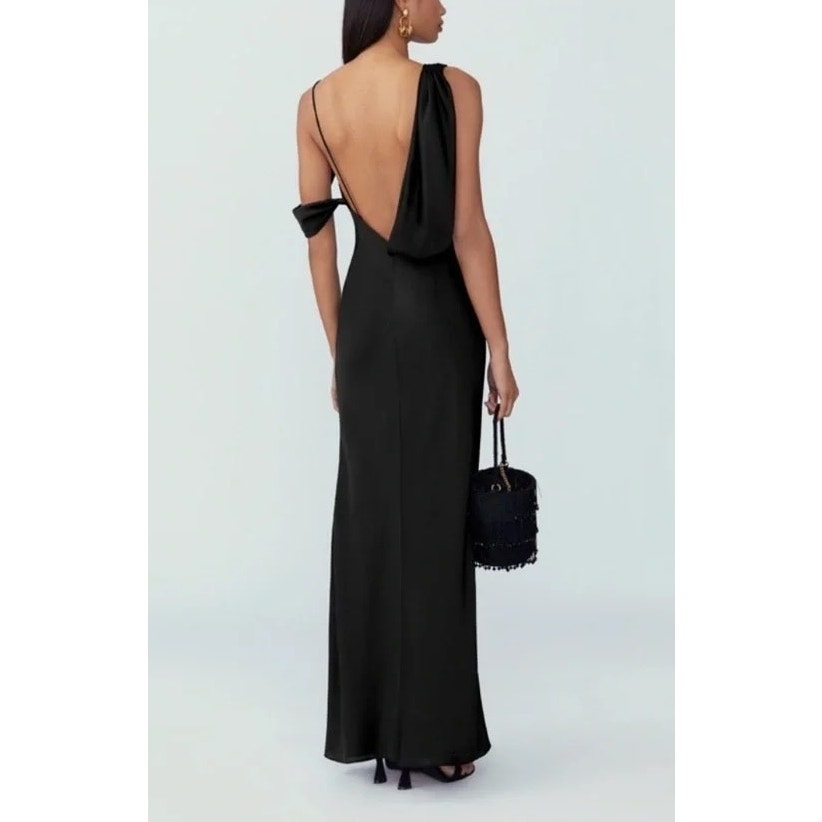 Fame and Partners Francois Draped Satin Maxi Slip Dress Gown Black 4