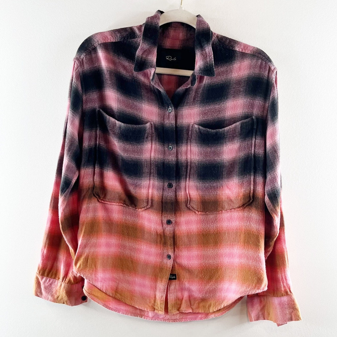 Rails Tierra Plaid Long Sleeve Button-Front Shirt In Pink Orange Dip Dye Small