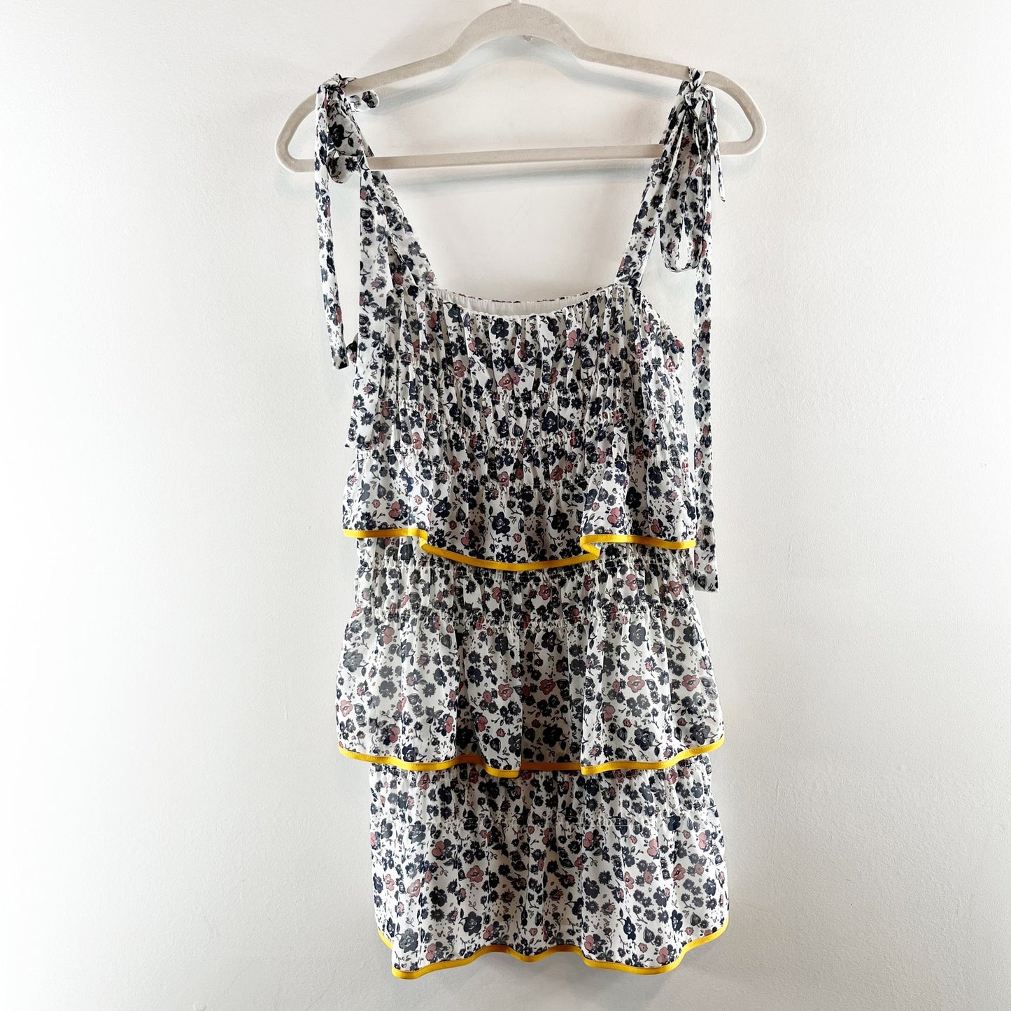 Tularosa Gloria Floral Tiered Ruffle Tie Strap Mini Dress White Blue XS