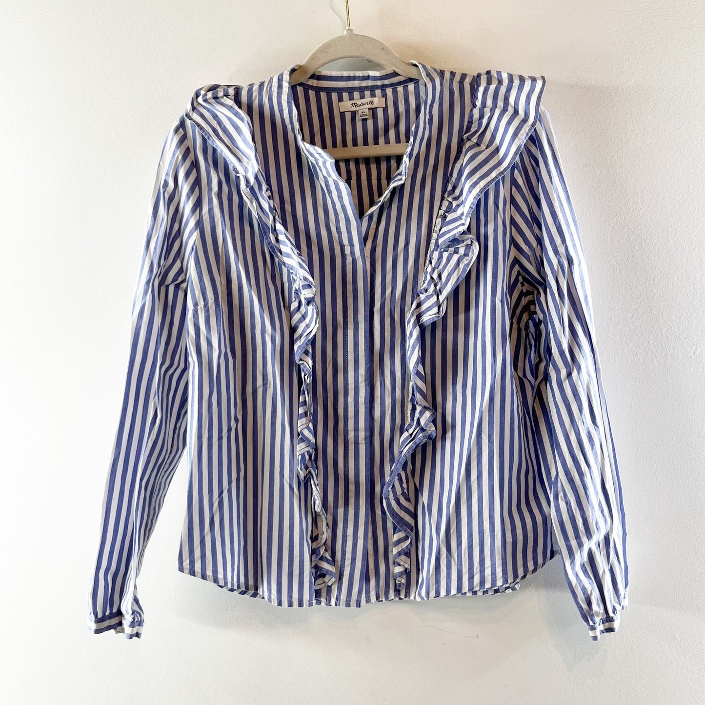 Madewell Long Sleeve Cotton Ruffle Button Up Whitney Top Blouse Blue White XL