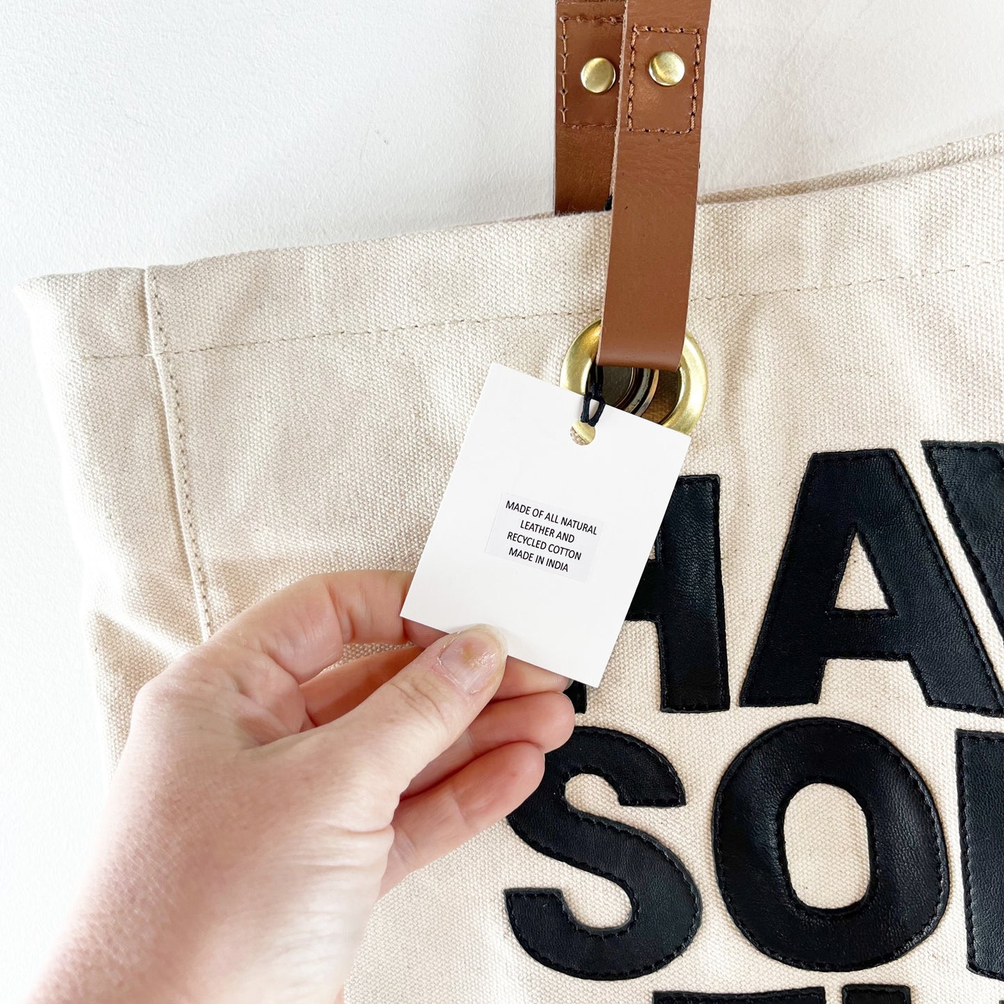 HSFT Have Some Fun Today Luxe Canvas Tote Bag Cream Black Brown