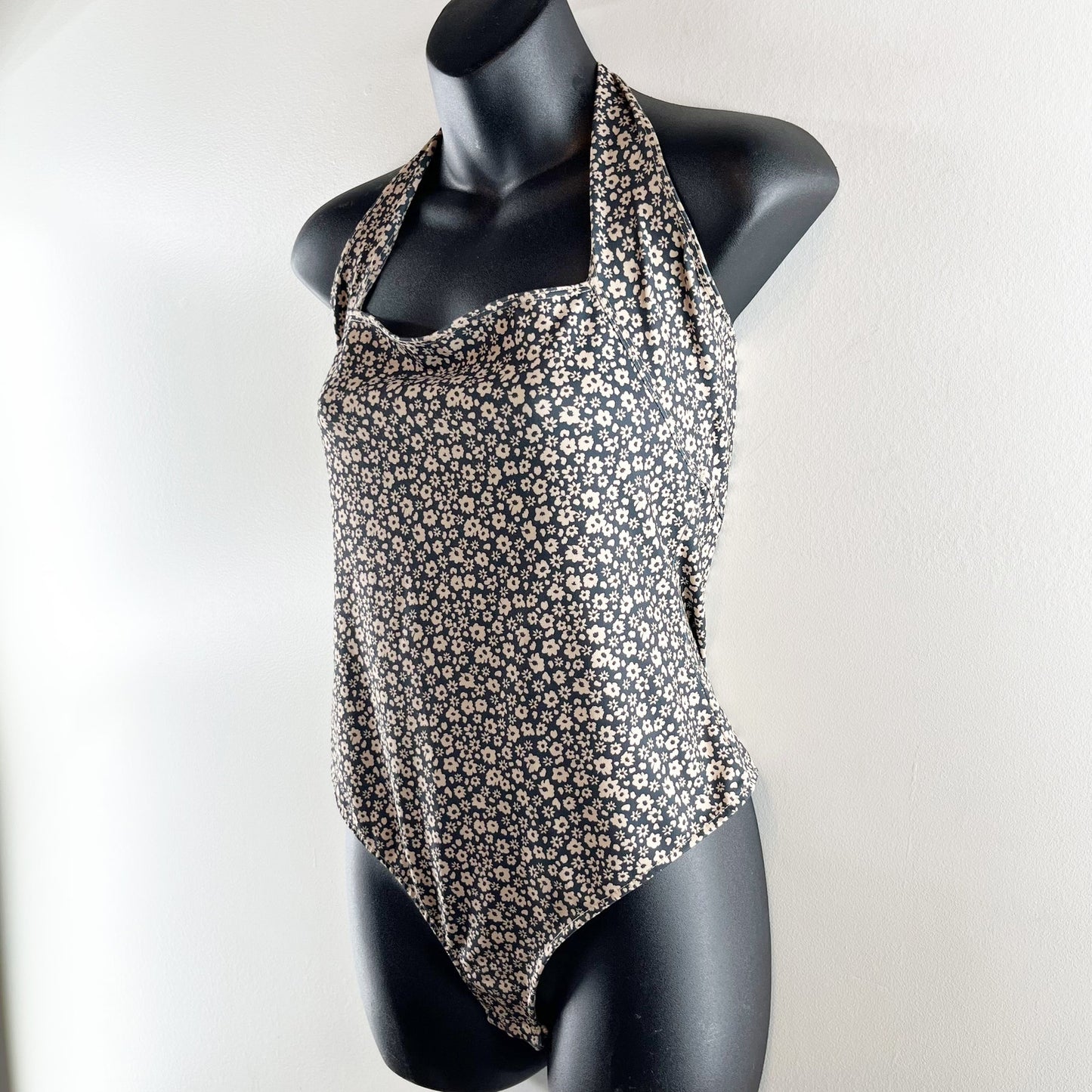 Free People Talk Back Square Neck Floral Halter Bodysuit Tank Top Black Medium