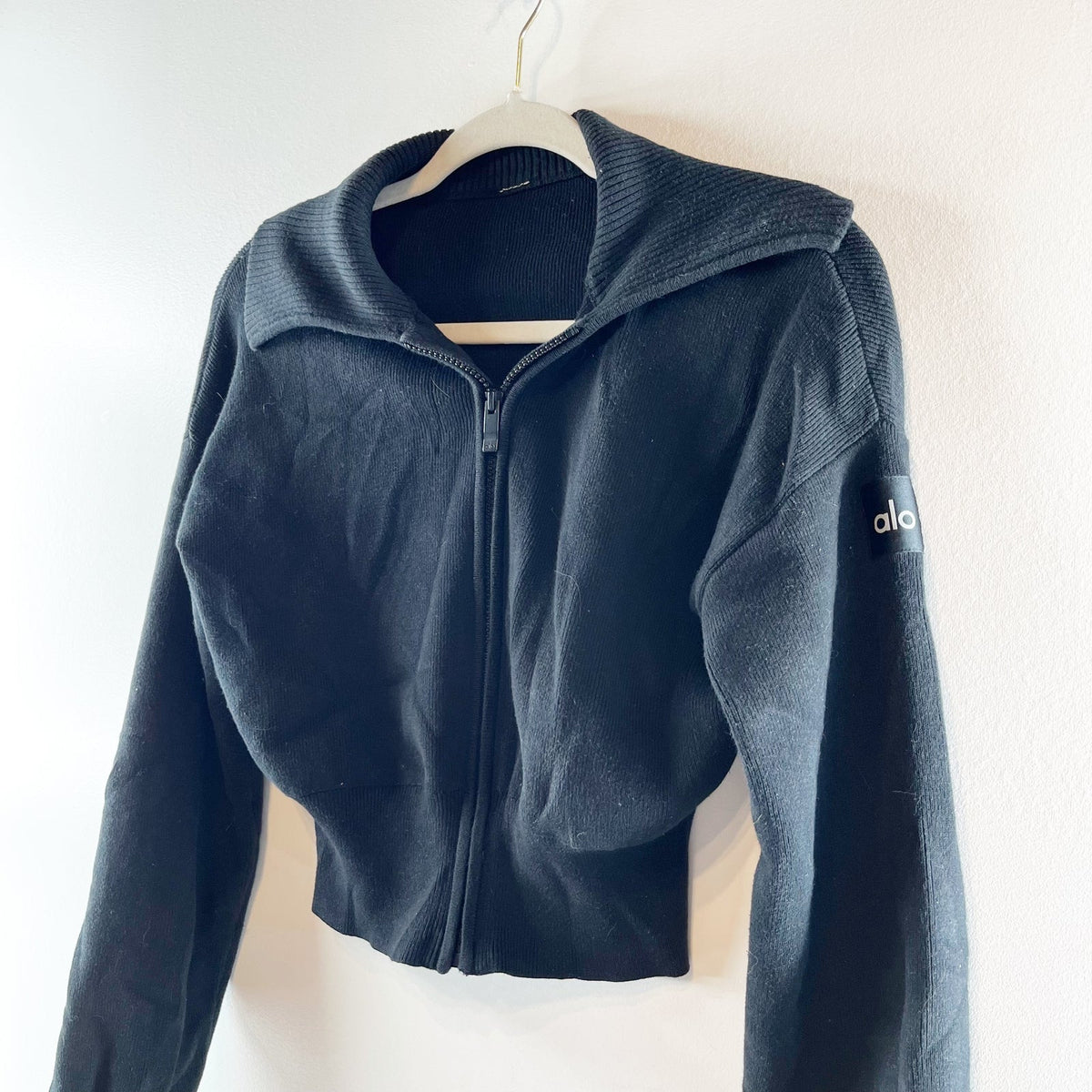 Alo Yoga Scholar Long Sleeve Collared Knit Cropped Full Zip Jacket Black Small