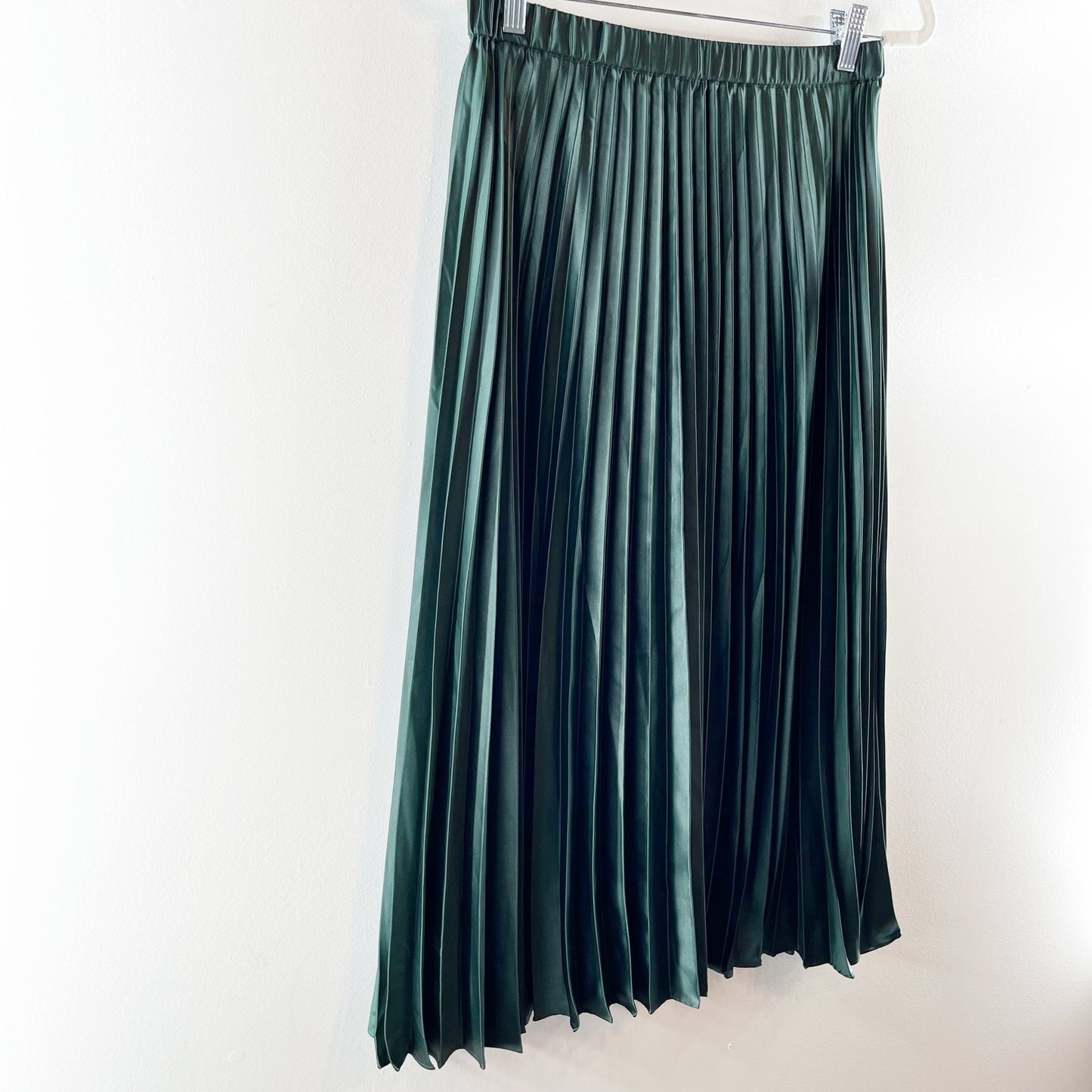 1. State Matte Satin Pull On High Waisted Pleated Midi Skirt Deep Forest Green 4