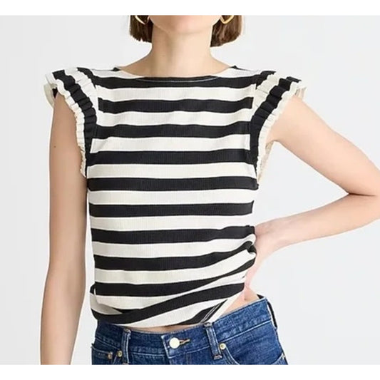 J. Crew Vintage Rib Ruffle Sleeve Striped Tee Top Shirt White Black Small