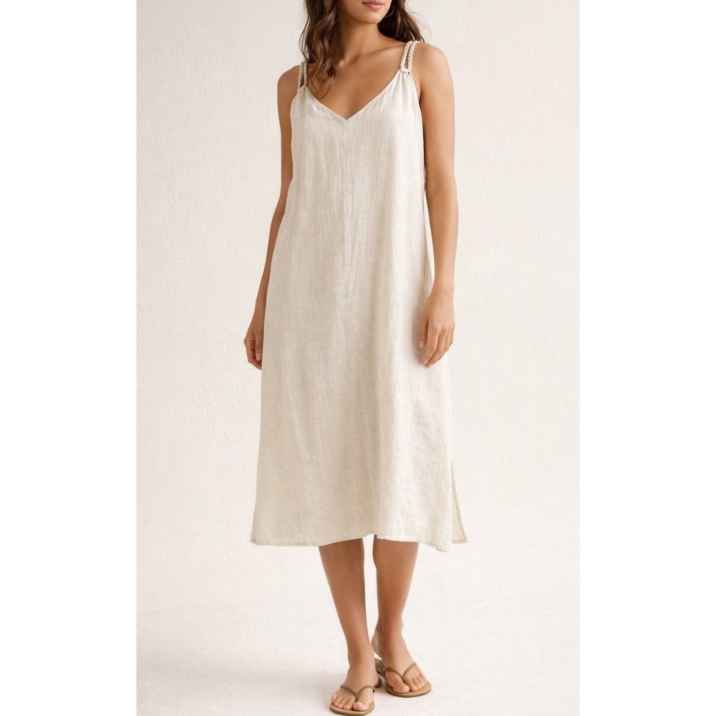Rachel Zoe 100% Linen Sleeveless Midi Dress With Braided Straps Beige XL