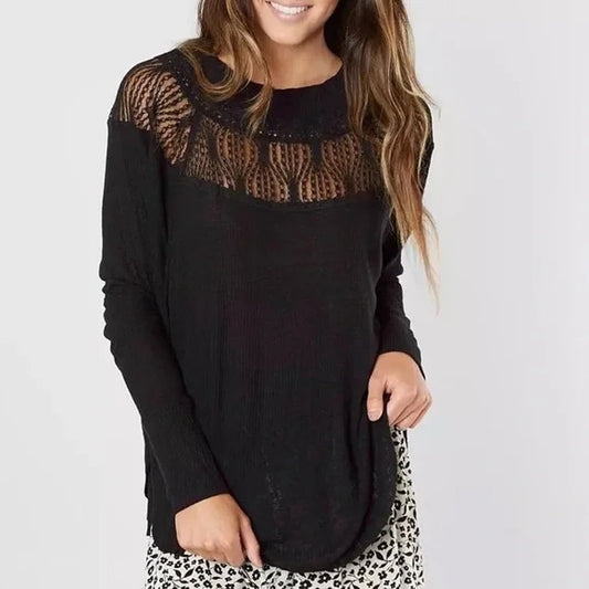 Free People Spring Valley Lace-Trim Hi-Low Waffle Knit Thermal Top Black XS