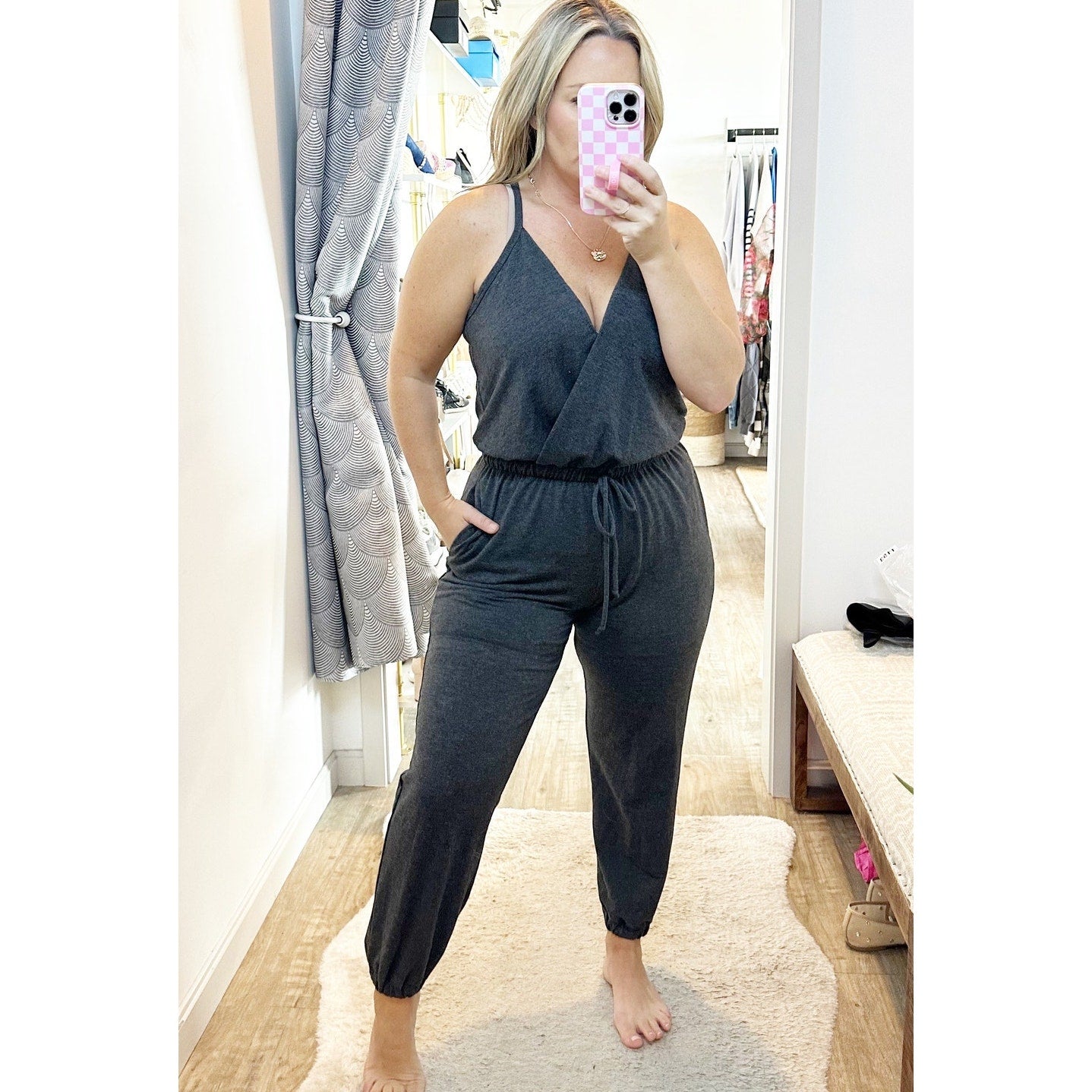 Peyton Jensen Cross Chest Cinched Waist Jumpsuit With Pockets Gray Medium