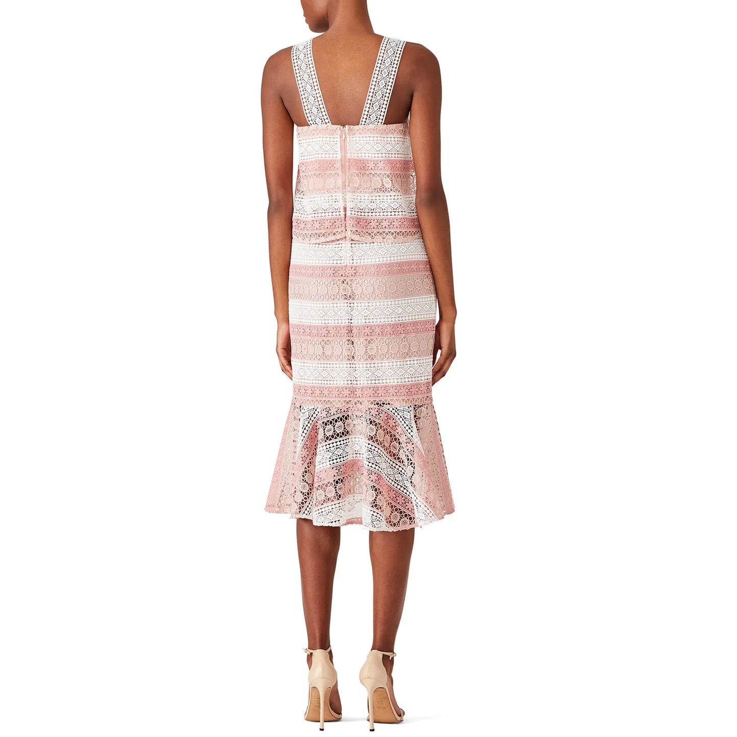 Shoshanna Dunham Striped Estepona Crochet Lace Midi Sheath Dress Pink White 0