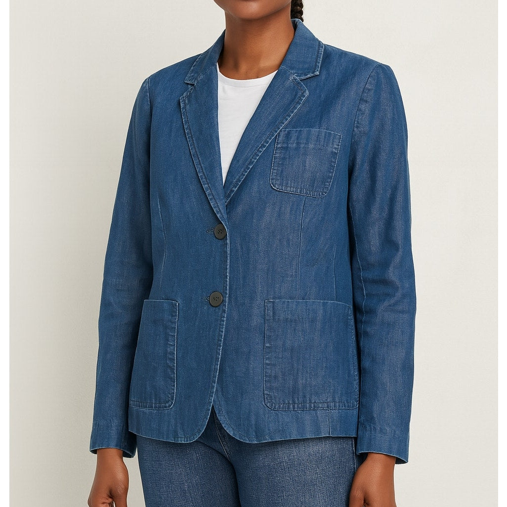 Talbots Double Button Denim Chambray Blazer Jacket Blue 8