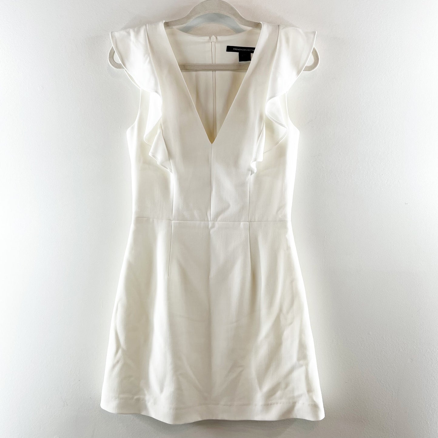 French Connection Whisper Ruffle V Neck Mini Dress White 6