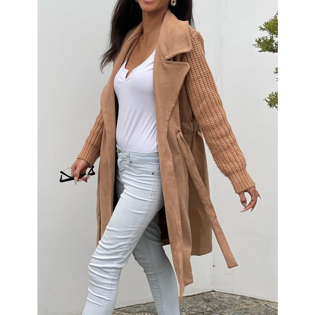 Alice Blue Faux Suede Knit Cardigan Sweater Duster Camel Brown Large