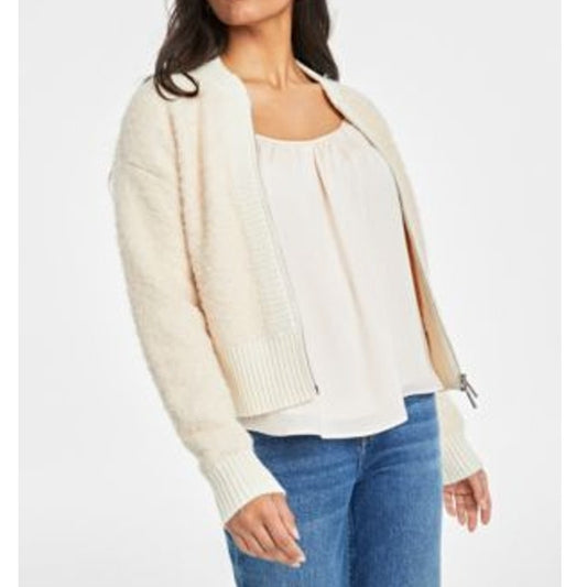 On 34th Boucle Double Zip Up Long Sleeve Cozy Bomber Jacket Cream Ivory XS