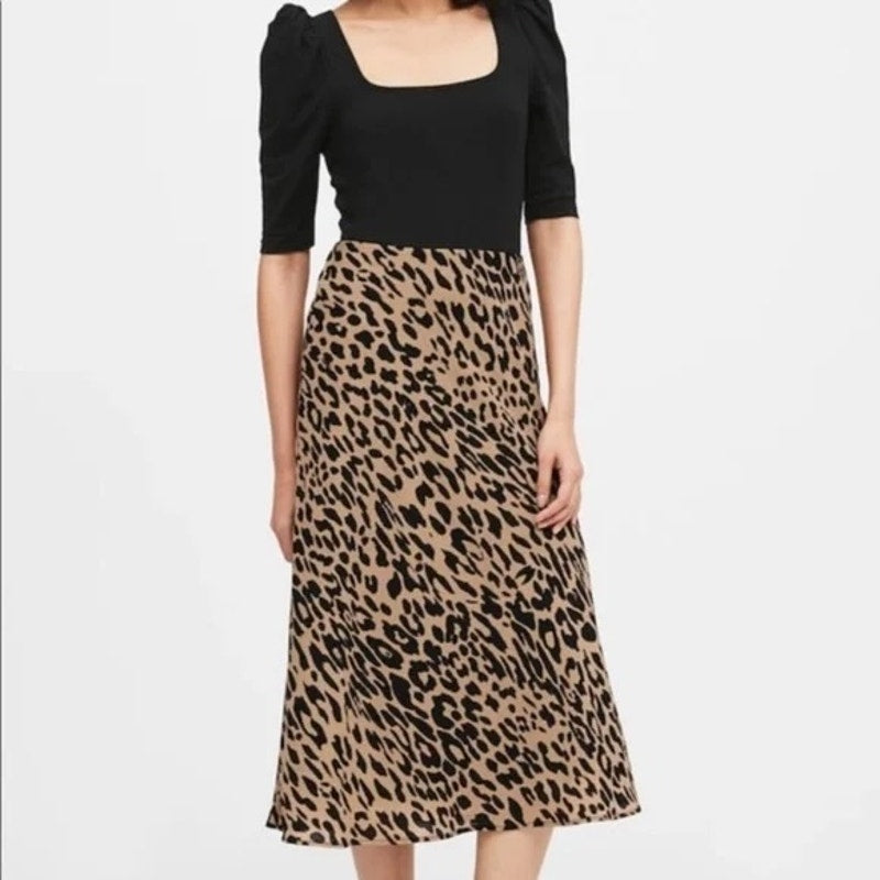 Banana Republic Leopard Midi Slip Skirt Tan Black Medium