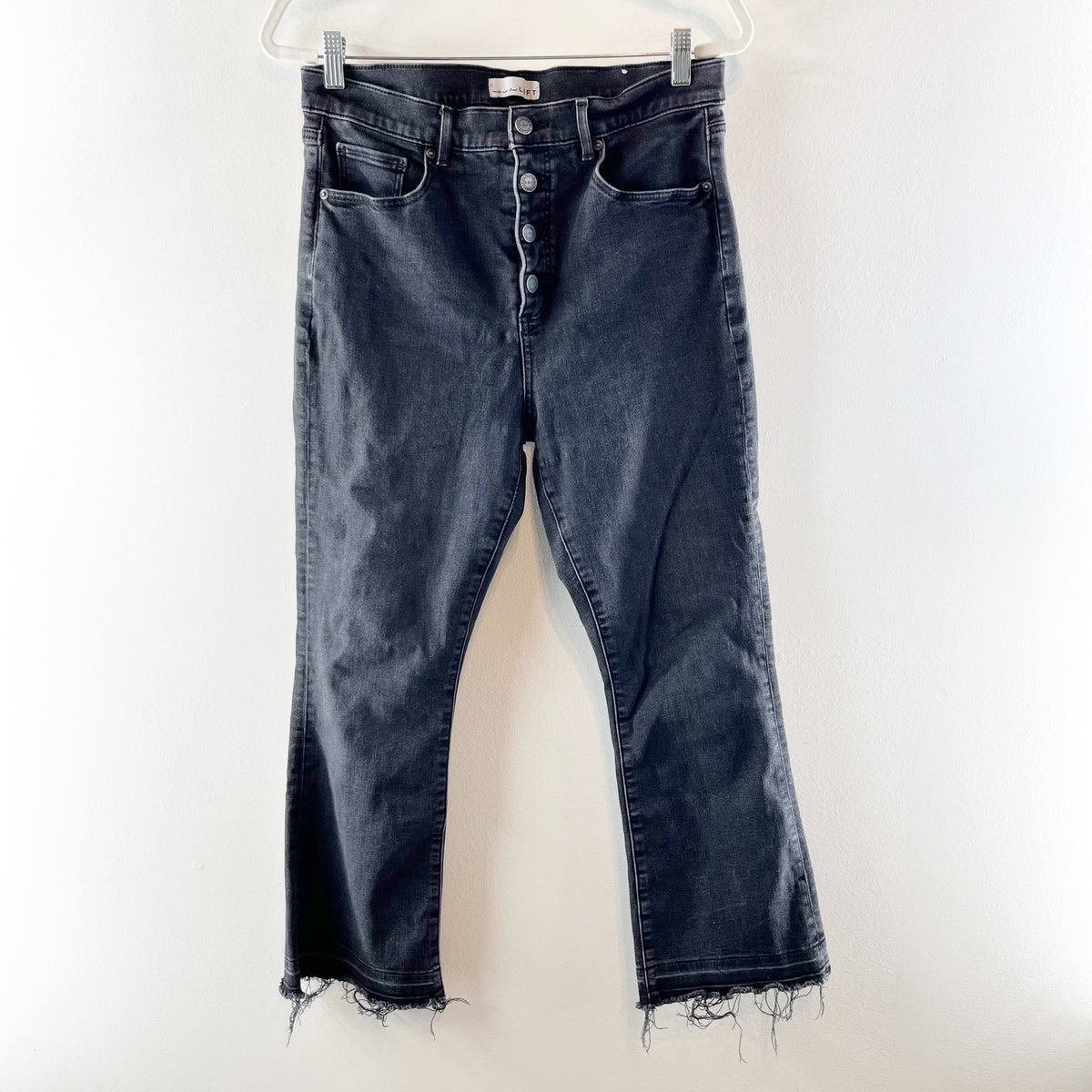 LOFT High Waist Flare Crop Raw Hem Button Fly Jeans Black 12