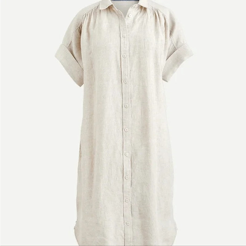 Baird McNutt Irish Linen for J. Crew Relaxed Cuffed Sleeve Shirt Dress Beige M