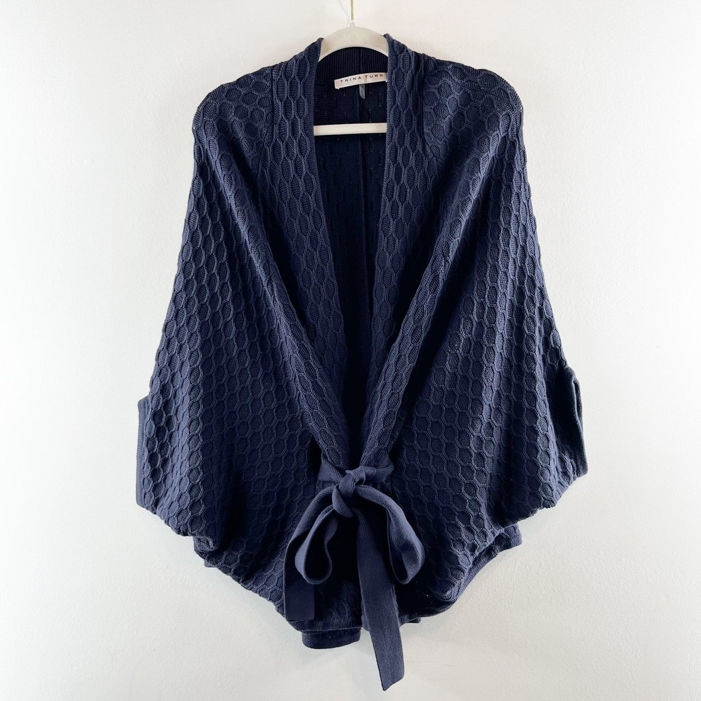 Trina Turk 100% Cotton Honeycomb Tie Front Knit Poncho Sweaters Navy Blue Small