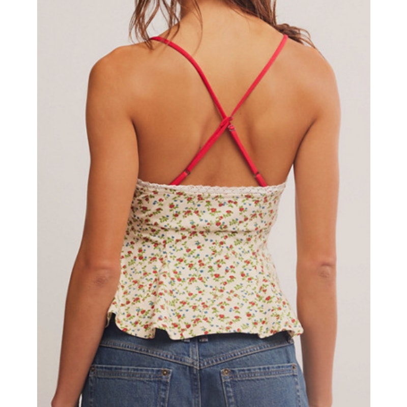 Free People Sammi Floral Tie Front X Back Tank Top Ivory Red XS