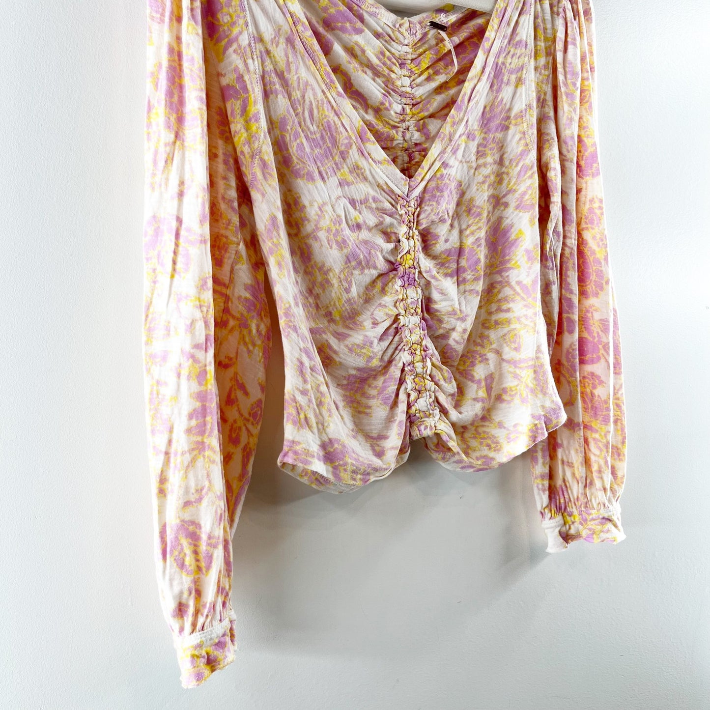 Free People Say The Word Ruched Floral Long Sleeve Top Pink Yellow Small