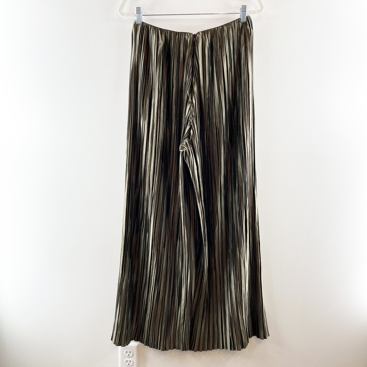 ZARA Wide Leg Pleated Plisse Pull On Pants Green Large