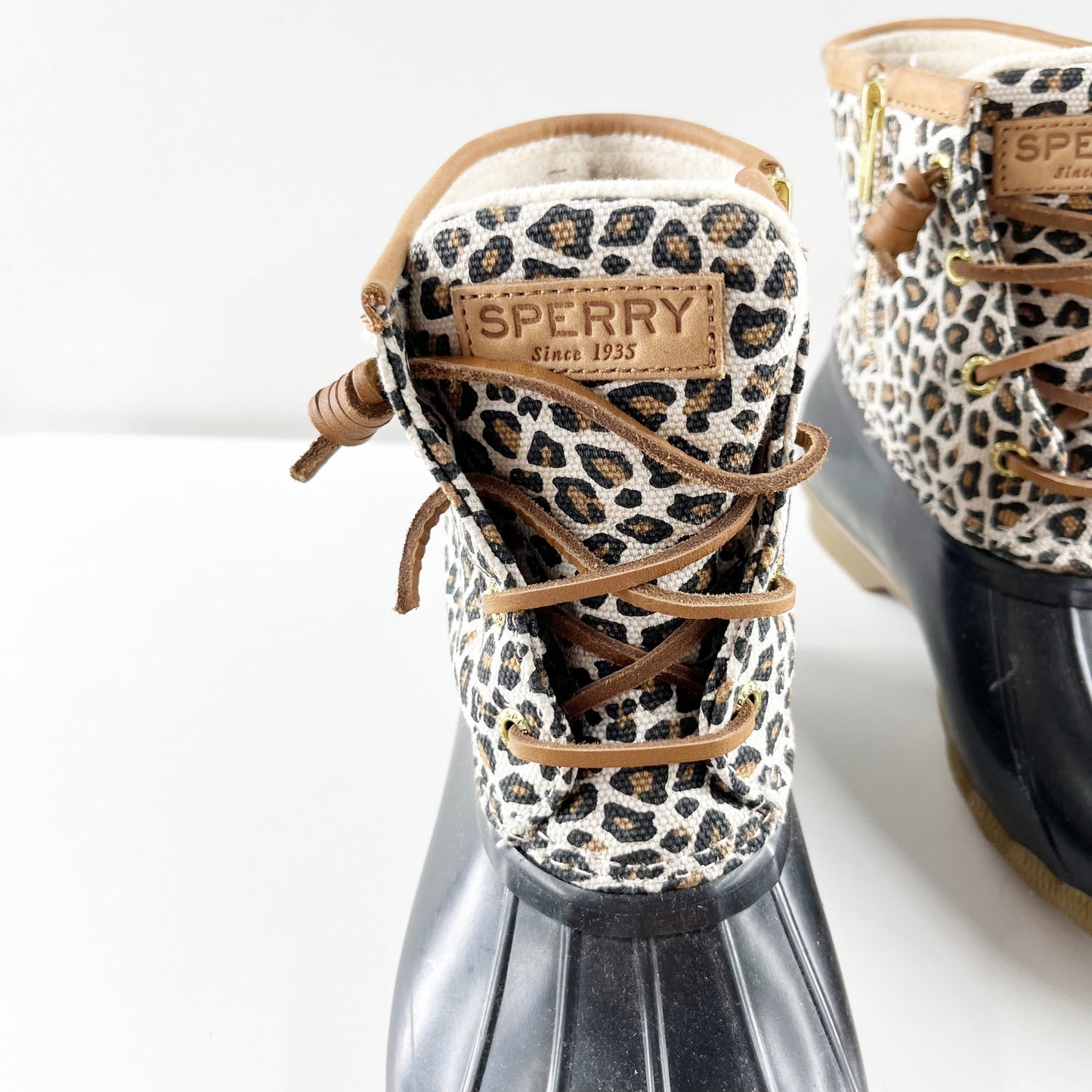 Sperry Lace Up Saltwater Rain Boots Ankle Booties Rubber Leopard 6