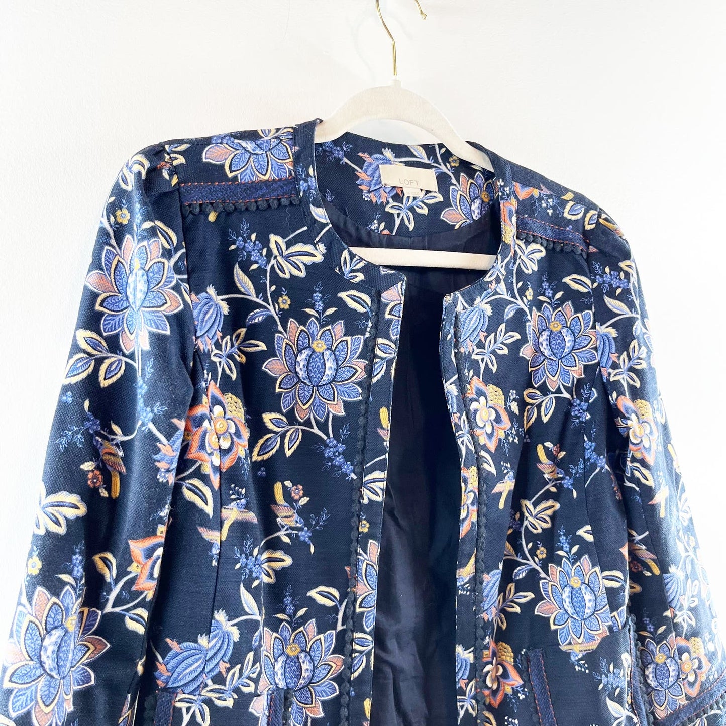 LOFT Cropped Floral Jaquard Open Blazer Jacket Navy Blue 4