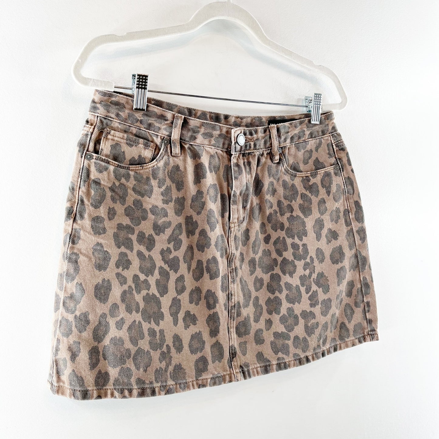 Blank NYC Catwalk Denim Leopard Mini Skirt Tan Brown Black 29