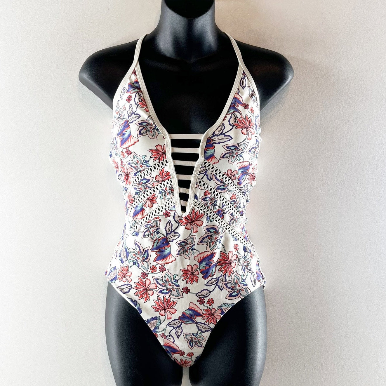Ella Moss Folktale One Piece Plunge Tie Back Floral Swimsuit White Large