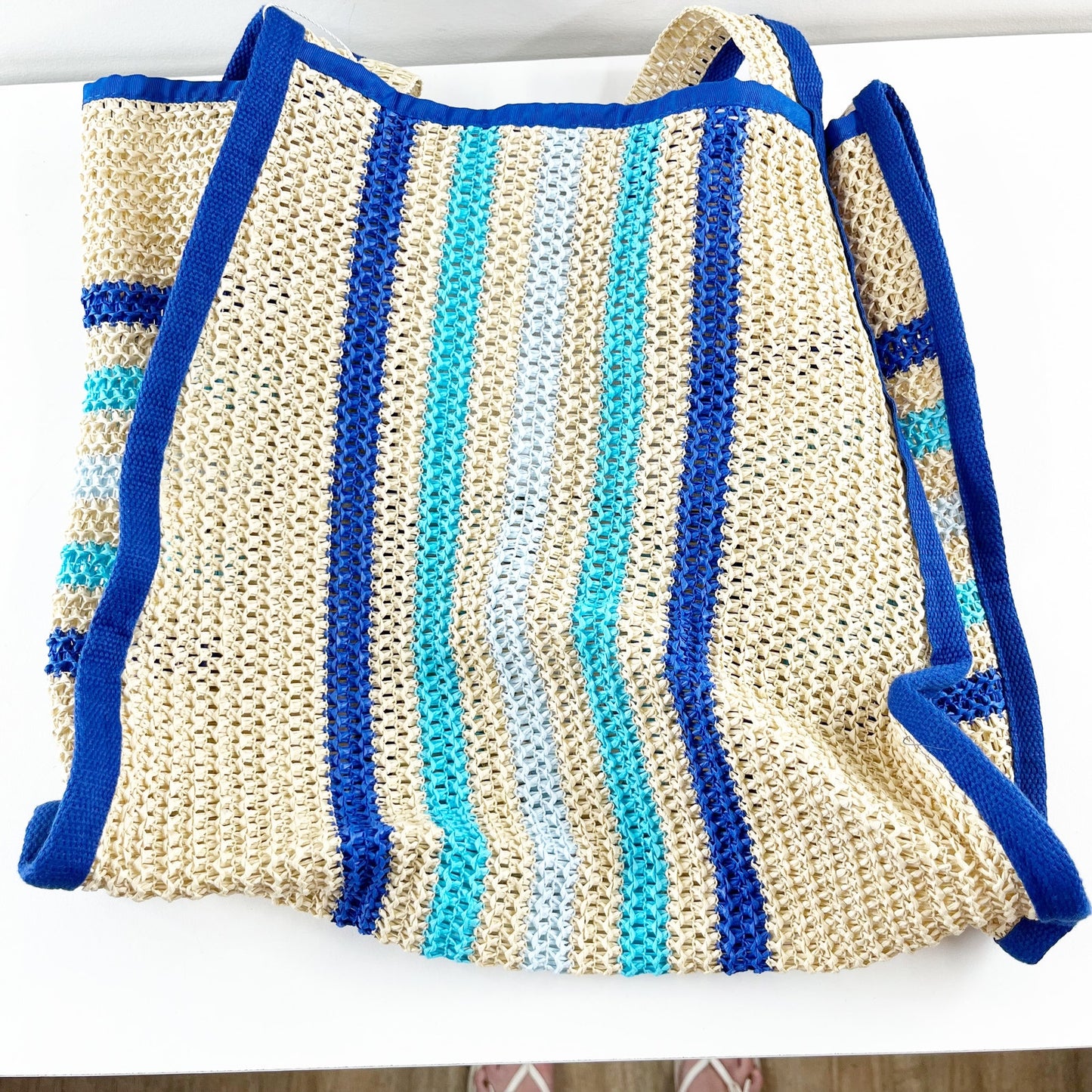 Styline Crochet Striped Beach Tote Bag Tan Blue
