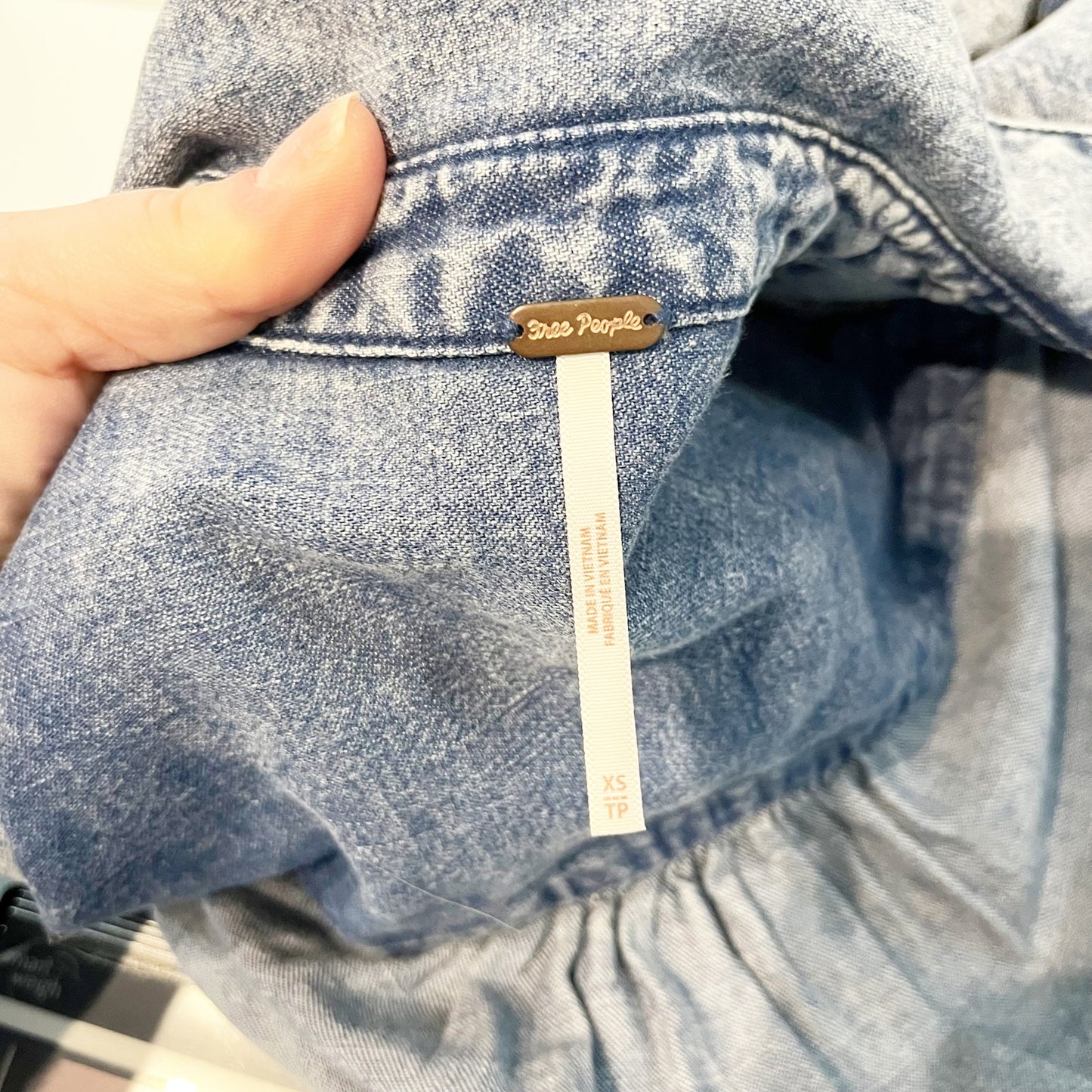 Free People Samantha Long Sleeve Ruffle Button Down Denim Shirt Blue XS