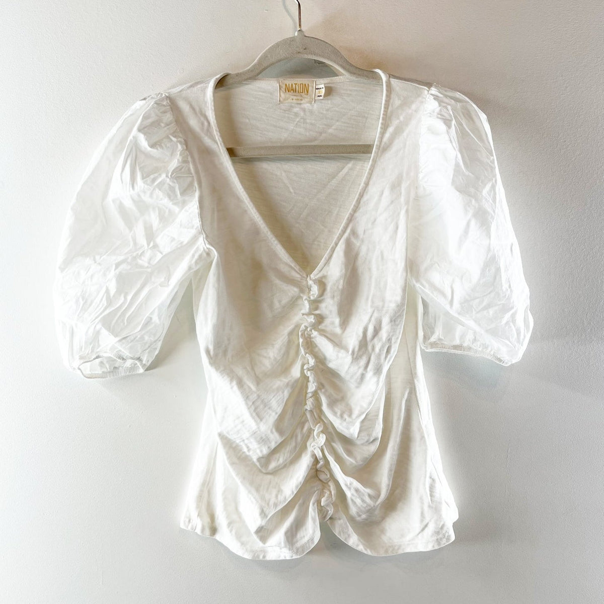 Nation LTD Giada Puff Sleeve V-Neck Gathered Blouse Top Optic White XS
