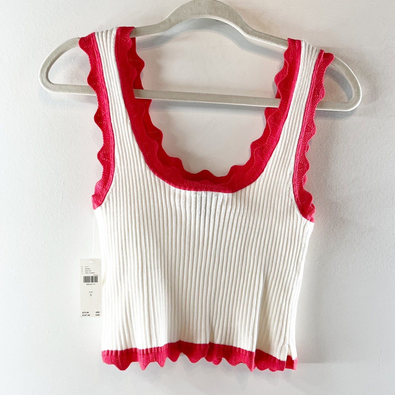 Maeve Anthropologie Cropped Scallop Sweater Tank Top White Red Small