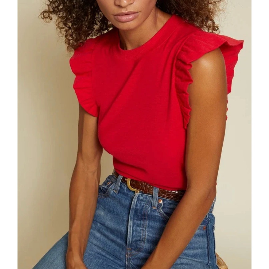 Nation LTD Paulette Ruffled Ribbed Crewneck Tank Top in Campari Red XS