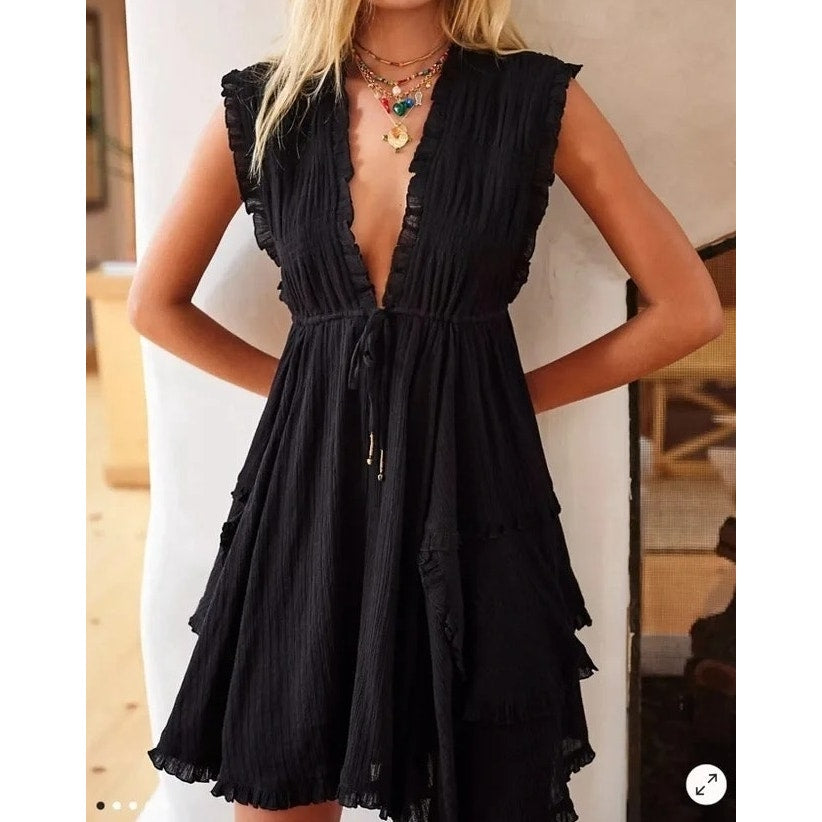 Free People Antoinette Endless Summer V Neck Mini Dress Black XS