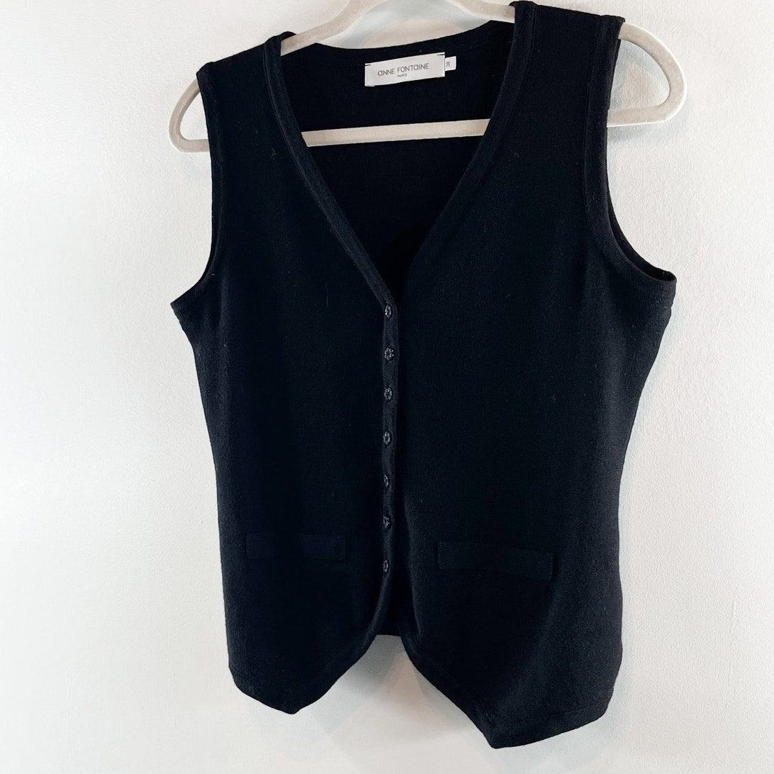 Anne Fontaine Paris Sleeveless Button Front V-Neck Sweater Vest Black 38