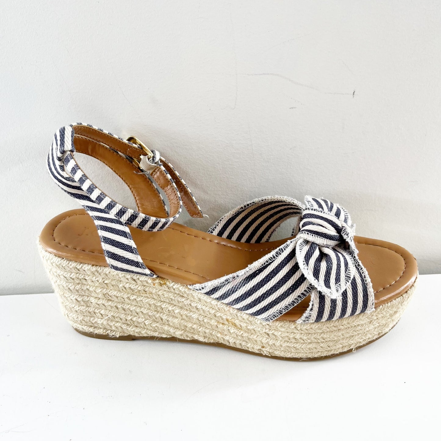 J. Crew Platform Bow Striped Espadrille Wedge Sandals Blue White 8