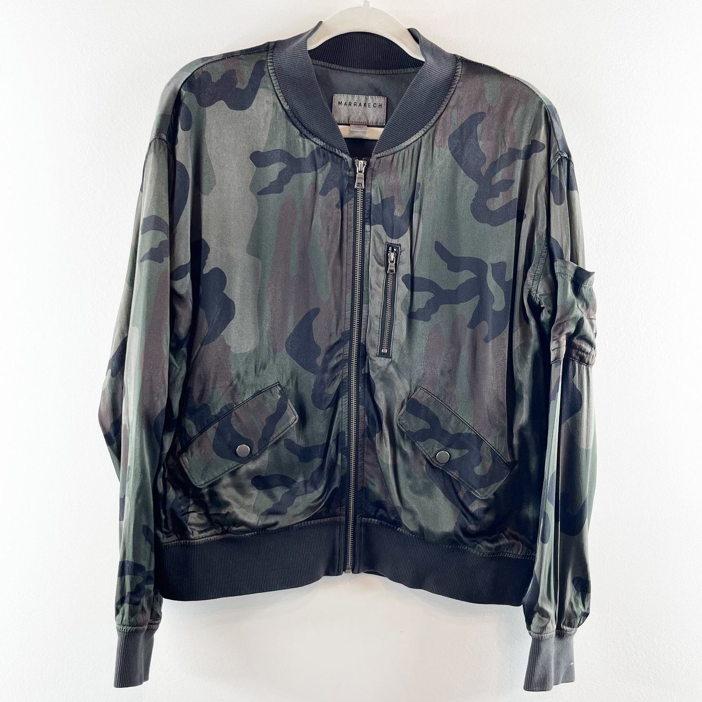 Marrakech by Anthropologie Satin Camo Print Full Zip Bomber Jacket Green Small