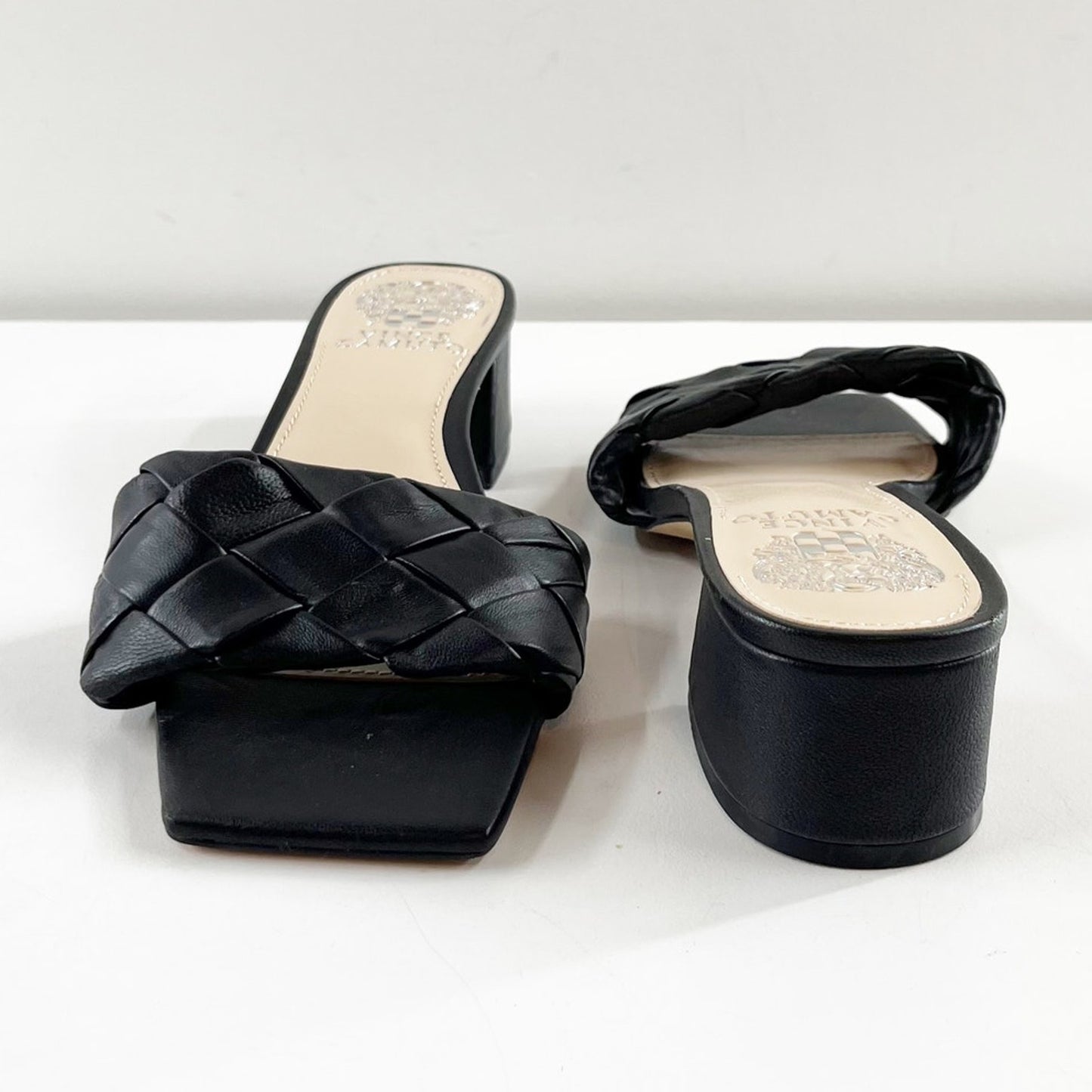 Vince Camuto Semtera Woven Kitten Block Heel Square Toe Slide Sandals Black 6.5