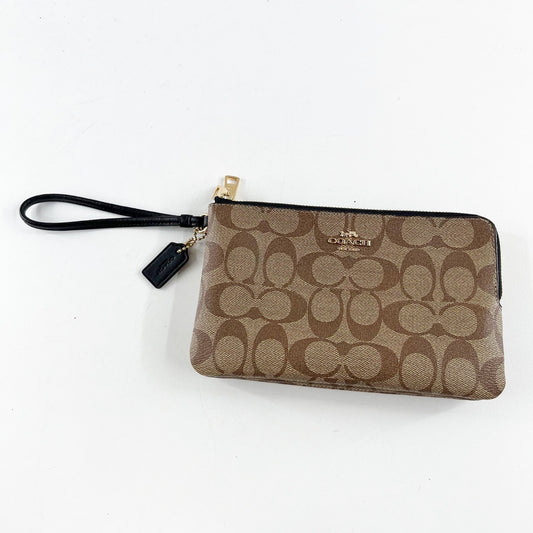 Coach Canvas Signature C Double Zip Around Wallet Wristlet Brown Black