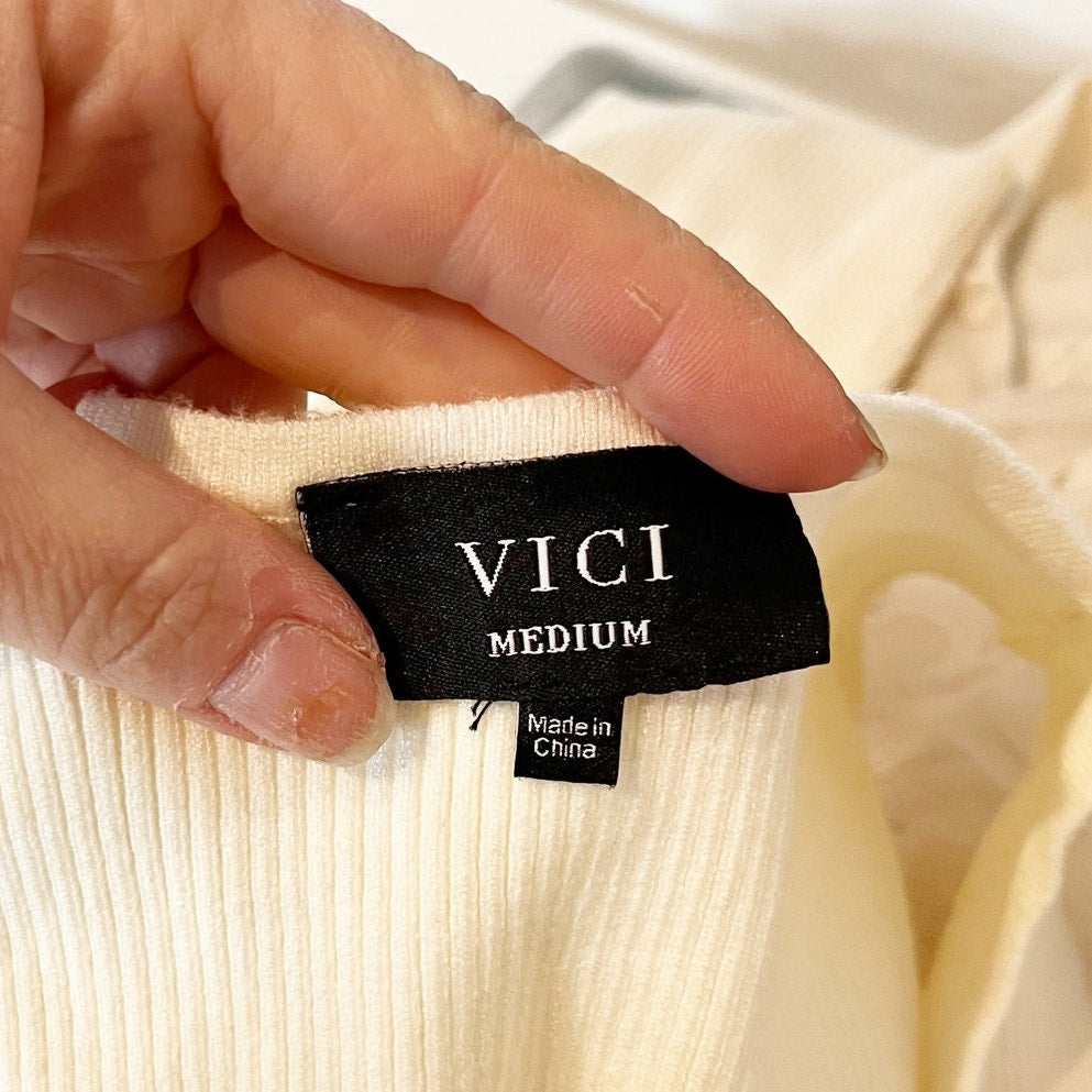 Vici Ribbed Square Neck Polka Dot Sheer Long Sleeve Sweater Blouse Ivory Medium