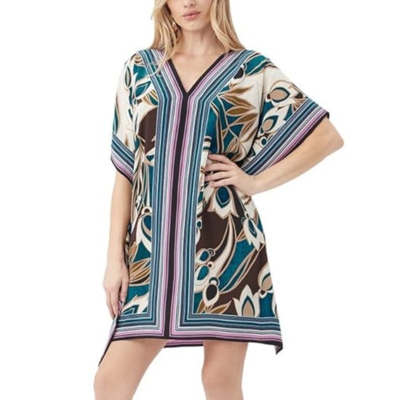 Trina Turk Theodora Tropical Kimono Sleeve V-Neck Kaftan Mini Dress Multi XS / S