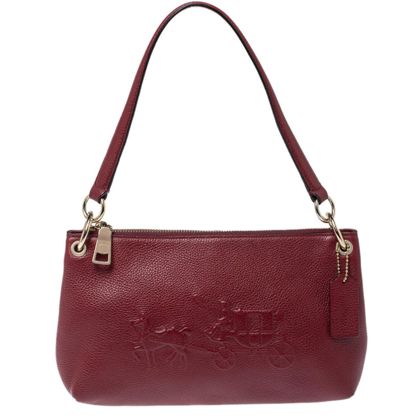 Coach Pebbled Leather Horse & Carriage Shoulder Bag Purse Maroon Red