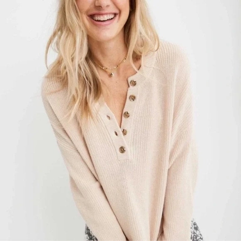 Aerie Long Sleeve Ribbed Oversized Henley Sweater Beige Tan Medium