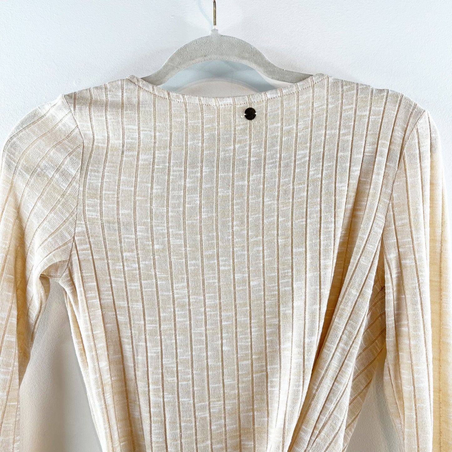 Roxy V Neck Cloudy Days Ribbed Wrap Crop Long Sleeve Top Beige XS