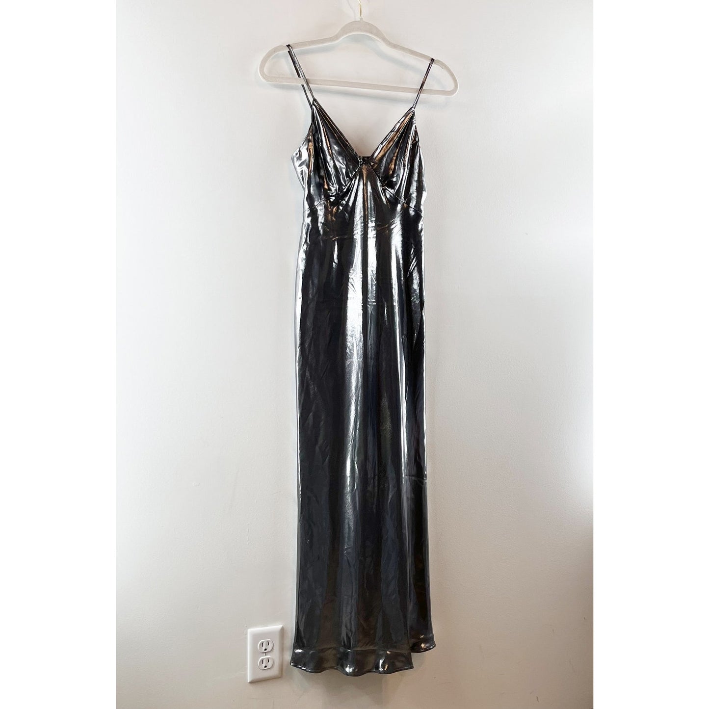 Anthropologie Metallic V Neck Slip Midi Dress Silver Gray XXS