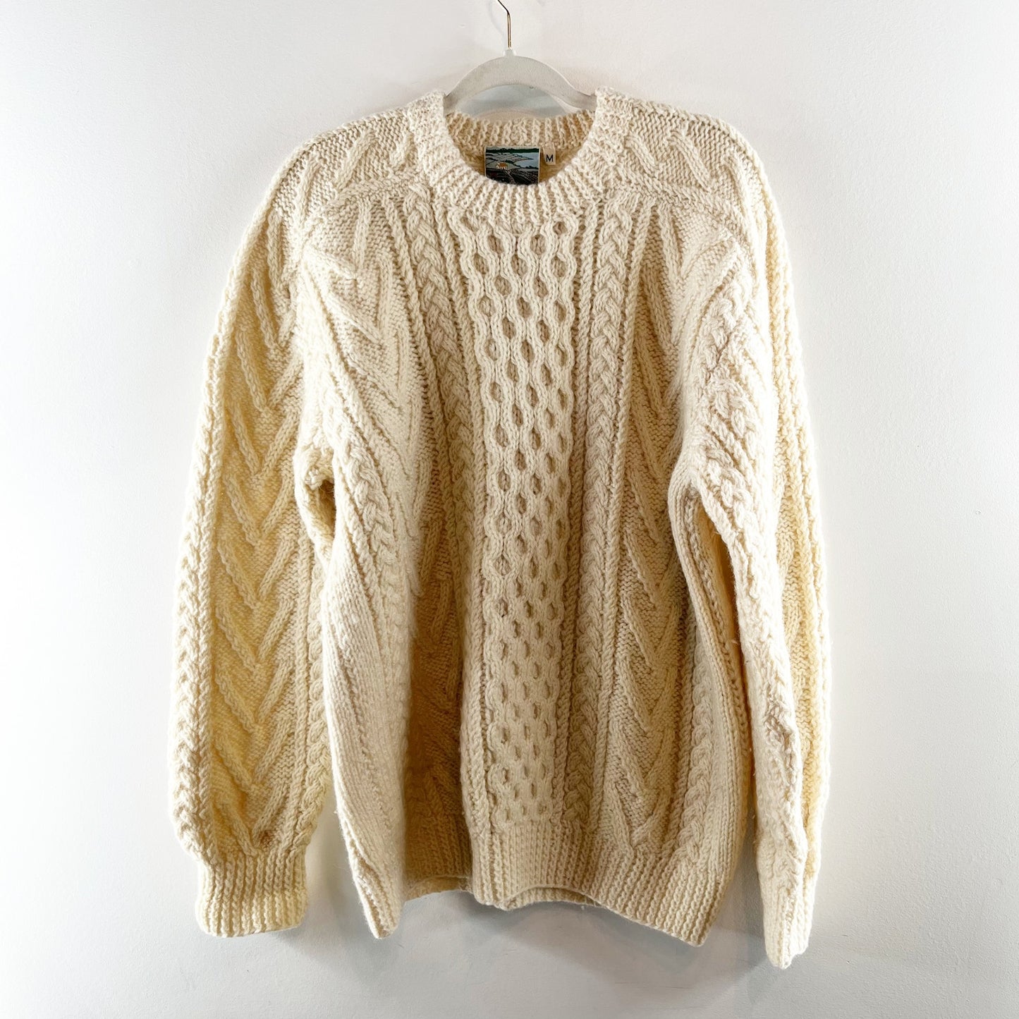 Gaeltarra Ireland Wool Handloomed Fisherman Cable Knit Sweater Ivory Medium