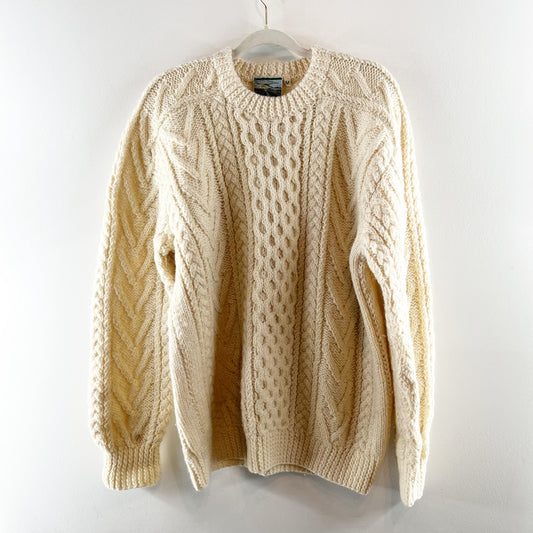 Gaeltarra Ireland Wool Handloomed Fisherman Cable Knit Sweater Ivory Medium
